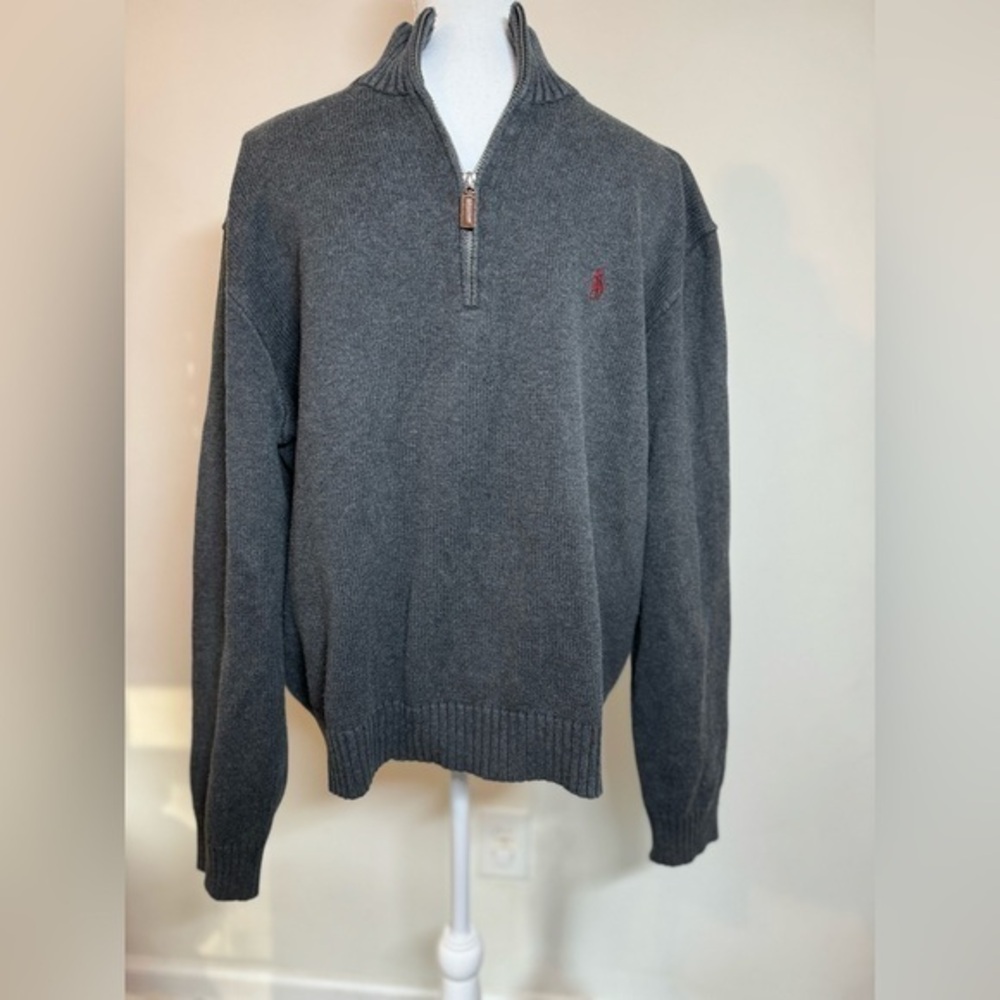 Polo Ralph Lauren Black‎ Full Zip Sweater Red Pony Logo Pockets Size XL